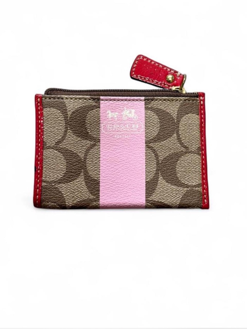 Coach brown and pink signature canvas with red trim key ring wallet